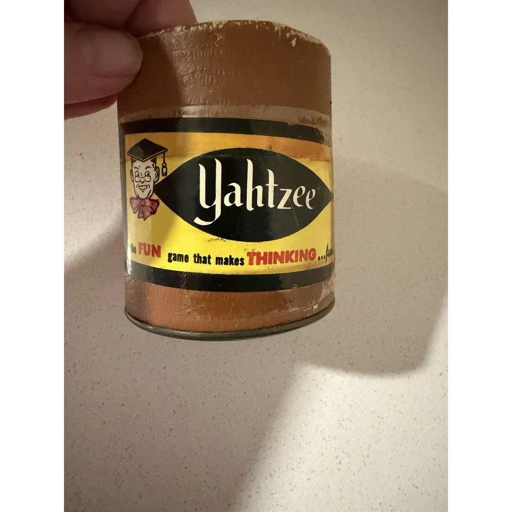 Vintage Yahtzee Dice Shaker Cup Leather Print Can